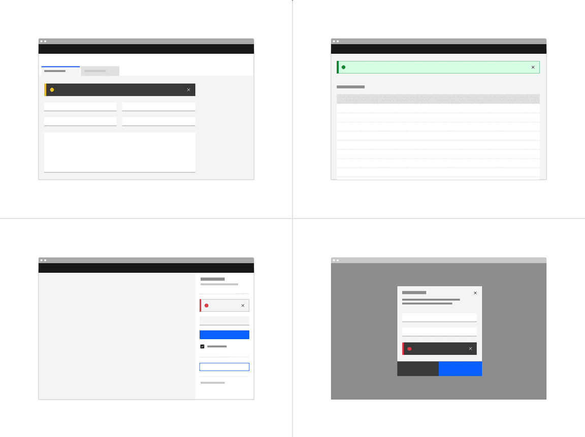 Examples of inline notification placements across different UI layouts